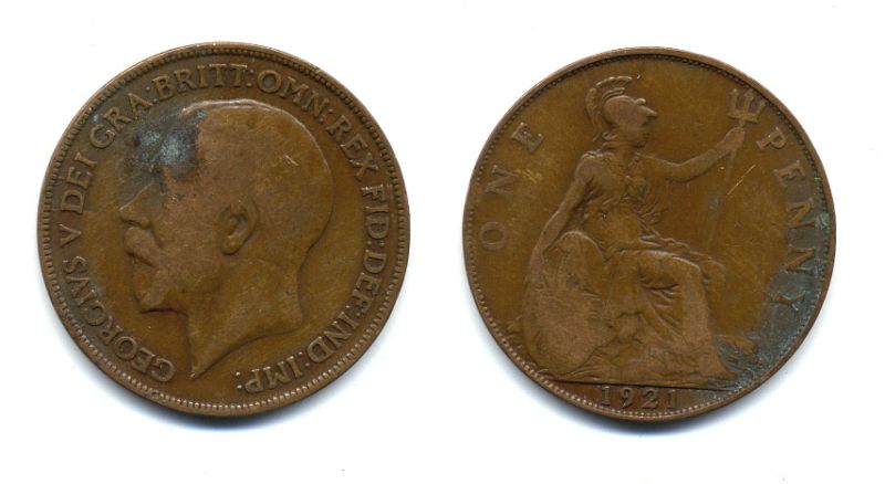 Великобритания 1 пенни 1921 Георг V (1910-1936) KM 810, Spink 4051 бронза 47-633