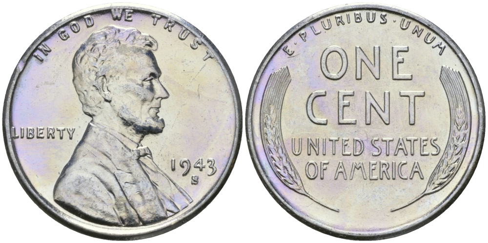 США 1 цент 1943 S (Сан-Франциско), Авраам Линкольн KM 132 a сталь плакированная цинком 96-1157