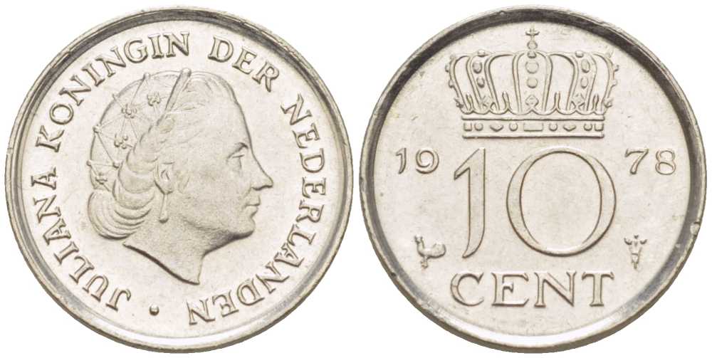 Нидерланды 10 центов 1978 Юлиана (1948-1980) КМ 182 никель 211-1241