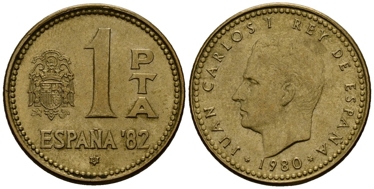 Испания 1 песета 1980 Чемпионат мира по футболу в Испании 1982 года, Хуан Карлос I (1975-2014) KM 816 алюминиевая бронза 4176-416