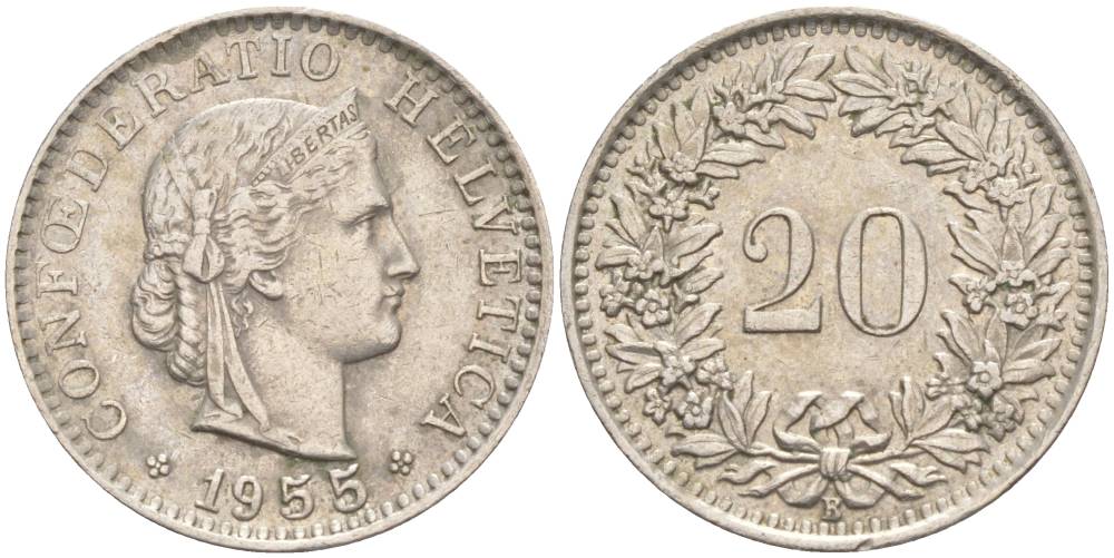 ШВЕЙЦАРИЯ 20 РАППЕНОВ 1955 В KM 29a медно-никель 55-732