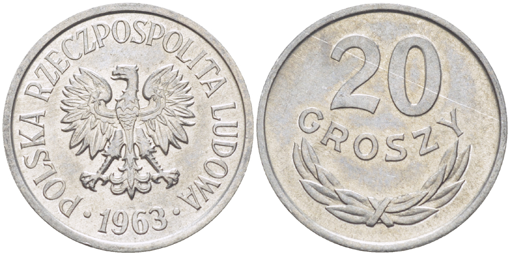 ПОЛЬША 20 ГРОШЕЙ 1963 MW KM А47, Parchimowicz 208d алюминий UNC 216-931