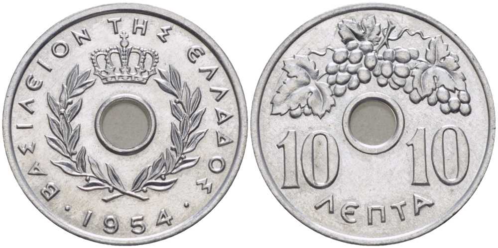 Греция 10 лепта 1954 Павел I (1947-1964), виноградная лоза KM 78 алюминий UNC 29-226