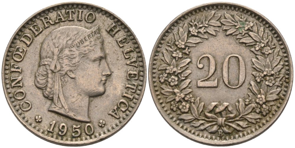 Швейцария 20 раппенов 1950 KM 29а медно-никель 55-545