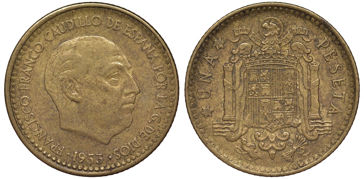 Испания 1 песета 1953 (56) Франциско Франко (1939-1975) KM 775 алюминиевая бронза 4163-127