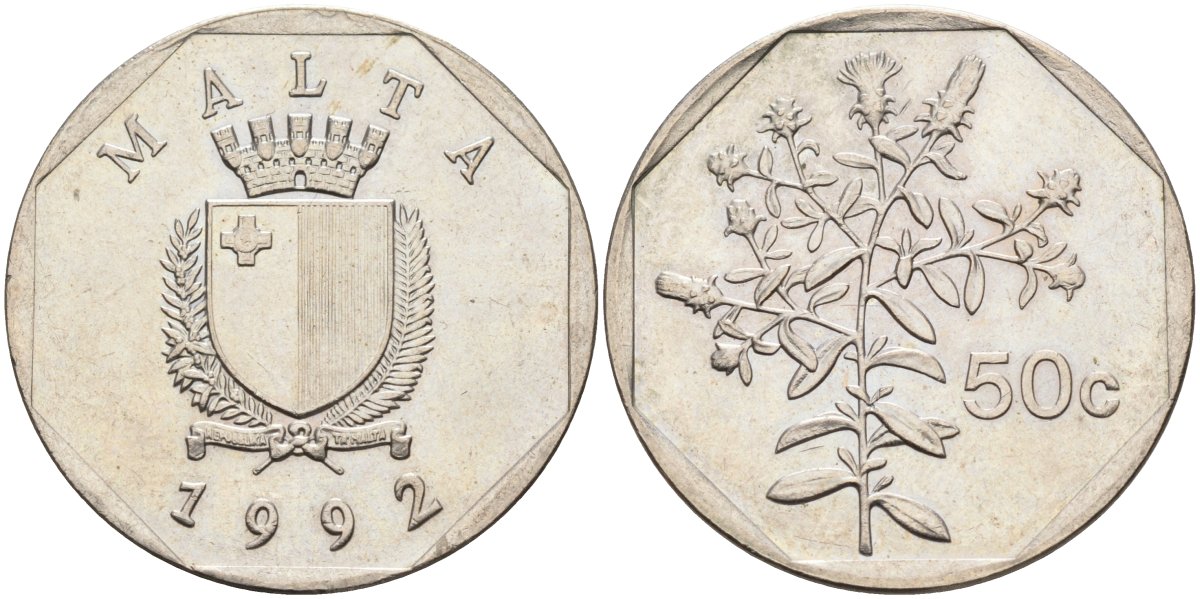 Мальта 50 центов 1992 девясил KM 98 медно-никель 213-436