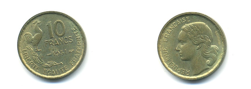 Франция 10 франков 1951 петух KM 915.1, Le Franc 363.4 алюминиевая бронза 80-645