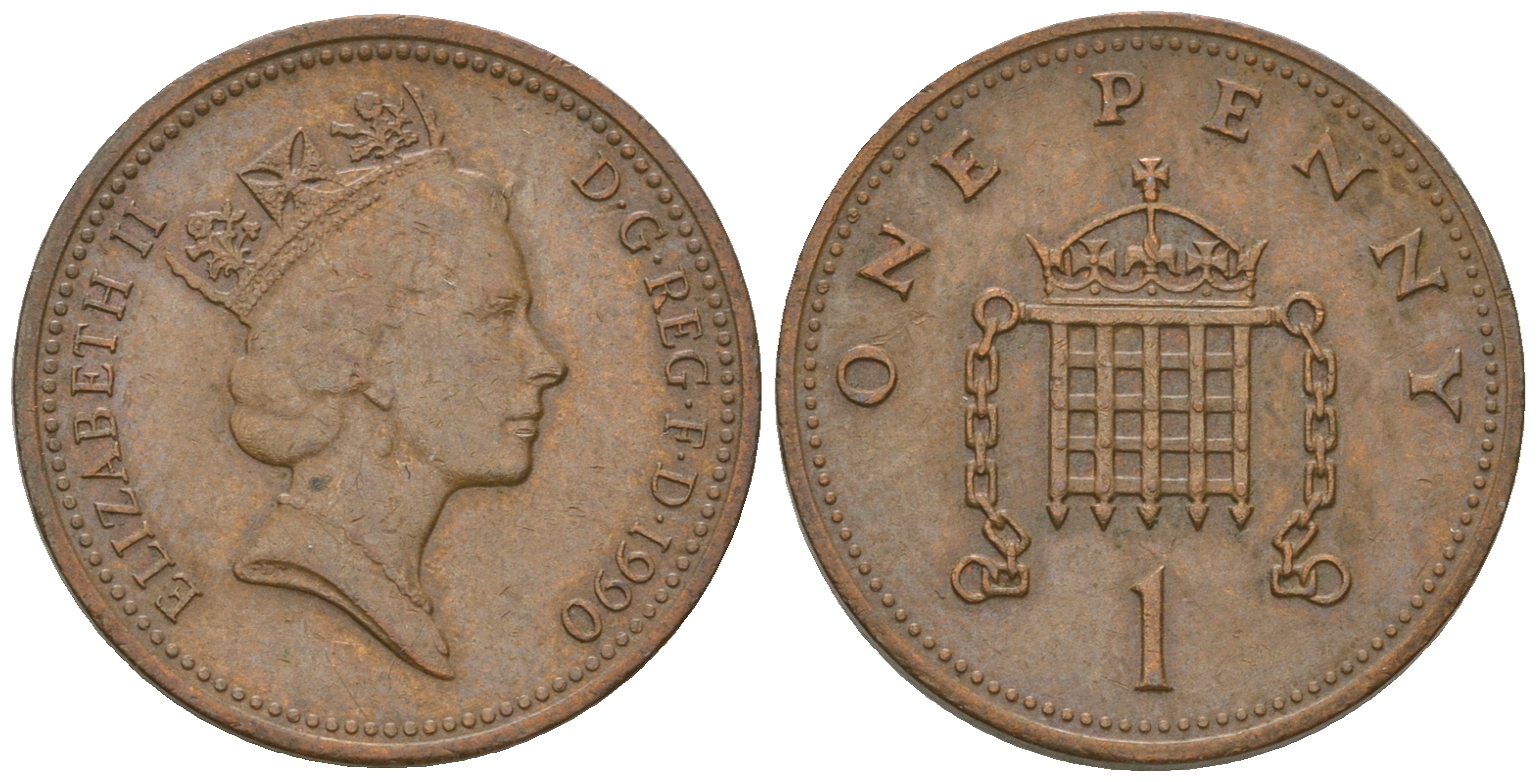 Великобритания 1 пенни 1990 Елизавета II (1952-2022) KM 935, Spink 4381 (B3) бронза 3458-1268