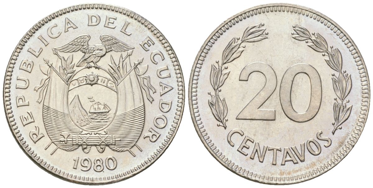Эквадор 20 сентаво 1980 KM 77.2a сталь плакированная никелем aUNC 4611-719