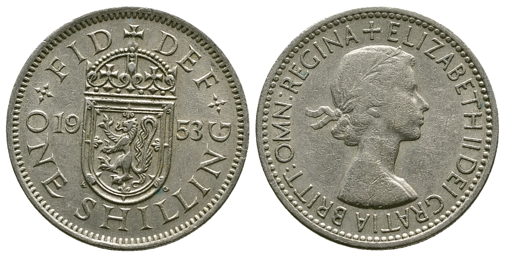 Великобритания 1 шиллинг 1953 Елизавета II (1952-2022), Шотландский герб KM 891, Spink 4140 медно-никель 4384-535