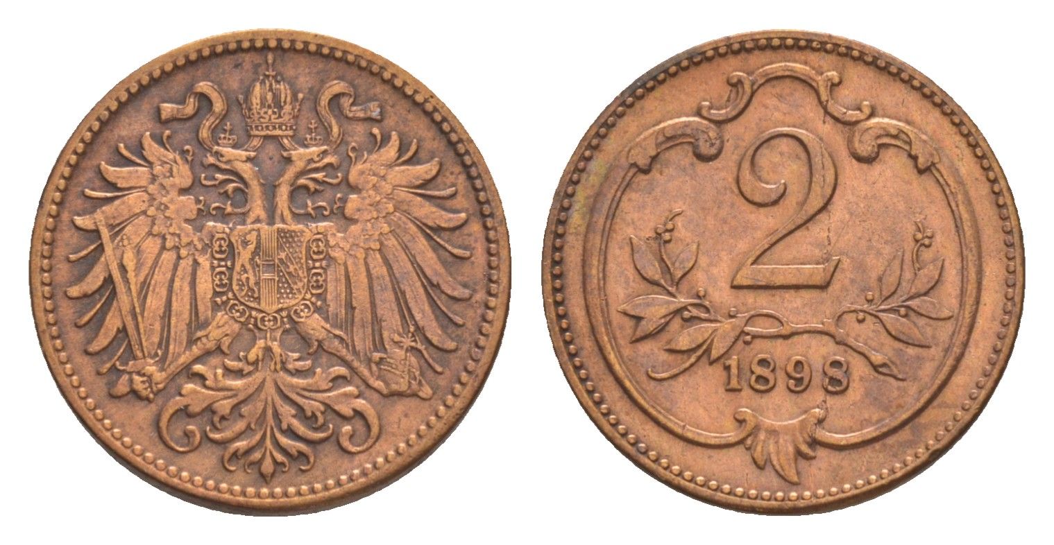 Австрия 2 геллера 1898 Франц Иосиф I (1848-1916) KM 2801 бронза 4639-1013