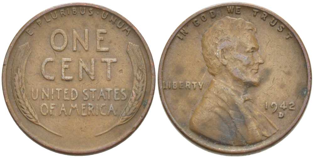 США 1 ЦЕНТ 1942 D, ЛИНКОЛЬН KM 132 бронза 218-426