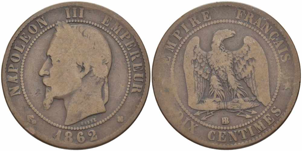 ФРАНЦИЯ 10 САНТИМОВ 1862 BB, НАПОЛЕОН III (1852-1870) KM 798.2, LE FRANC 134.6 бронза 4394-131