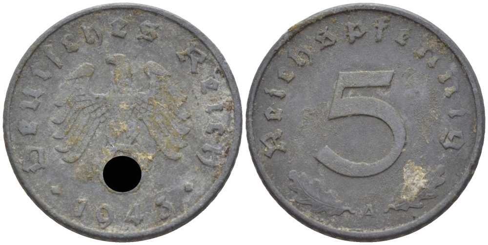 ГЕРМАНИЯ 5 РЕЙХСПФЕННИГОВ 1943 A KM 100, J. 370 цинк 105-264