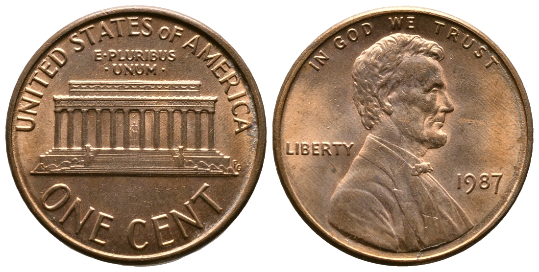 США 1 цент 1987 Линкольн KM 201b цинк плакированный медью 220-421