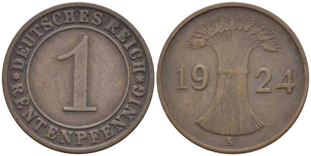 Германия 1 рентенпфенниг 1924 A KM 30, J. 306, Weege 1 бронза 206-231