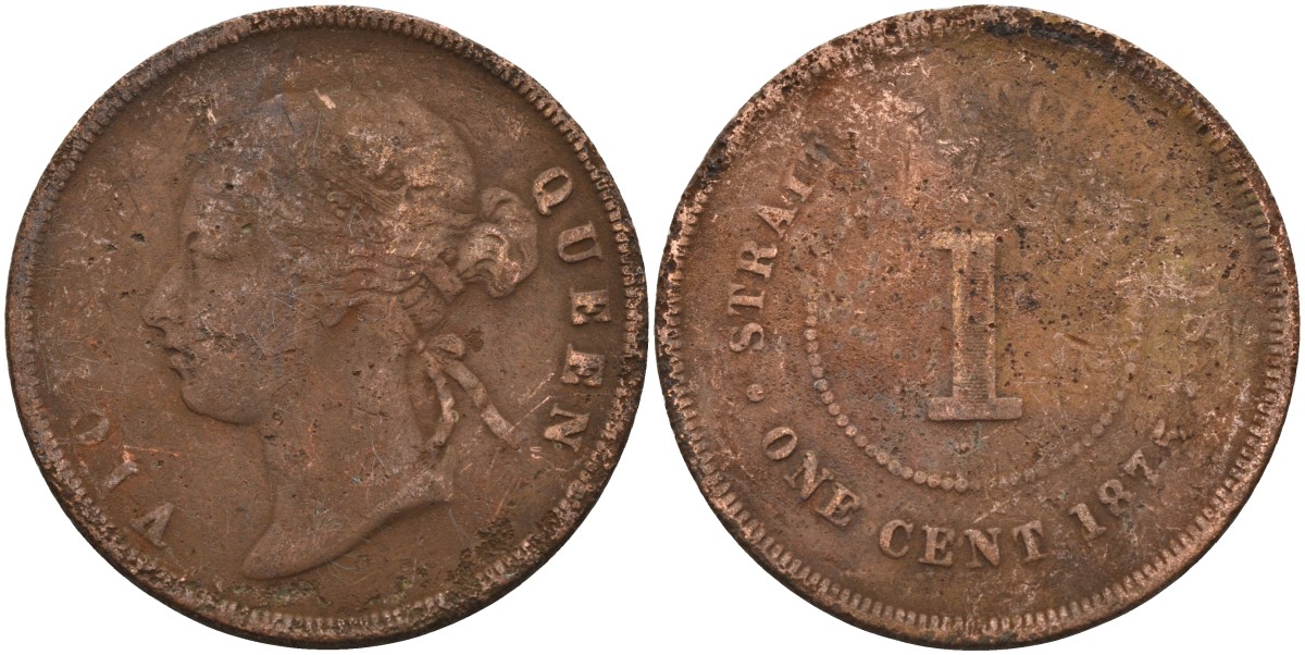 Стрейтс-Сетлментс 1 цент 1875 Виктория (1837-1901), Ост-Индская компания KM 9 медь 4590-414