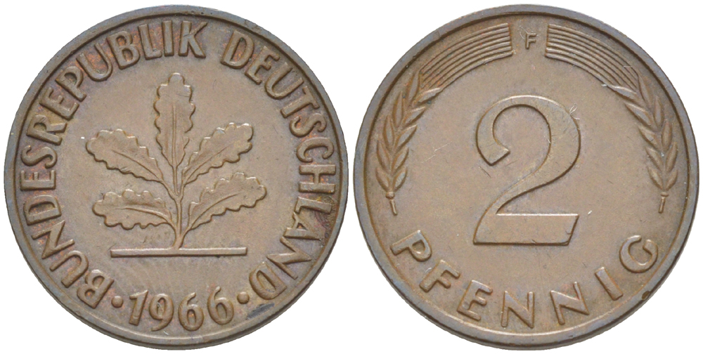 ФРГ 2 пфеннига 1966 F KM 106, J. 381 бронза 4181-748