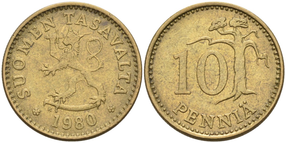 ФИНЛЯНДИЯ 10 ПЕННИ 1980 K KM 46 алюминиевая бронза 192-1045