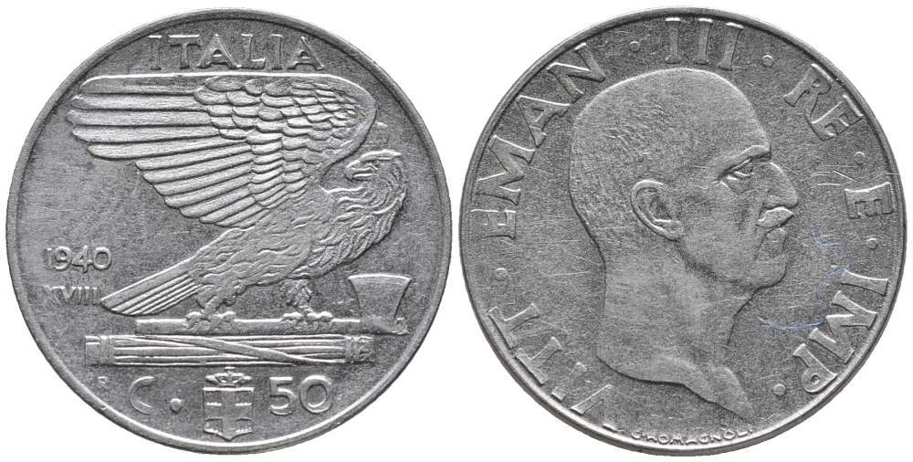 ИТАЛИЯ 50 ЧЕНТЕЗИМО 1940 R, РИФЛЕНЫЙ ГУРТ, МАГНИТНАЯ, ГОД XVIII KM 76b сталь 34-1234
