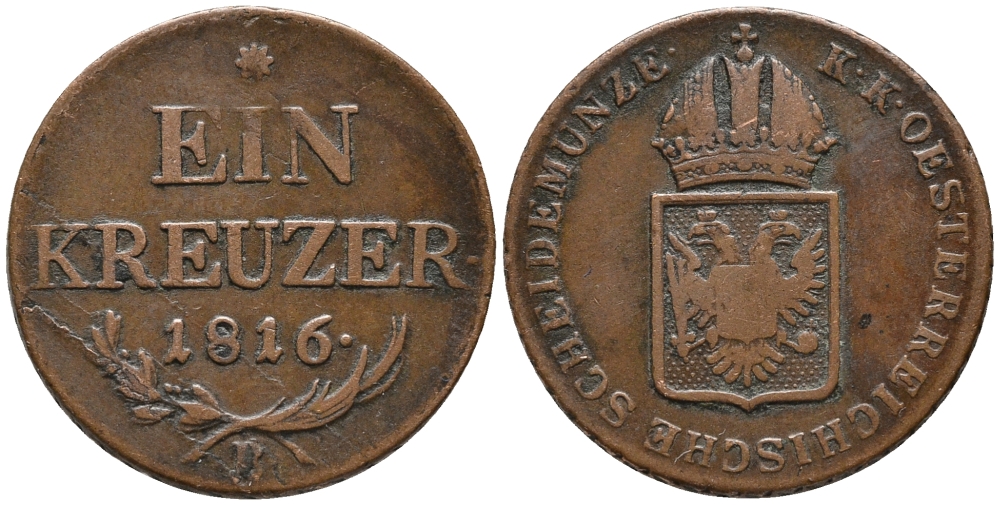 АВСТРИЯ 1 КРЕЙЦЕР 1816 В, ФРАНЦ II (1792-1835) KM 2113 медь 34-1143