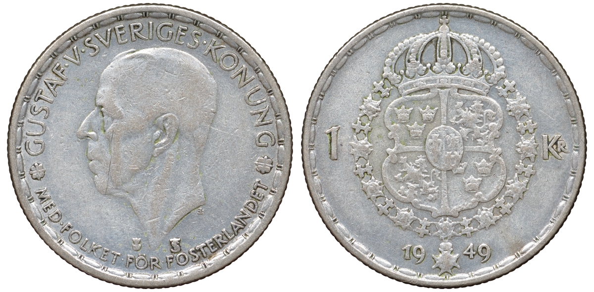 Швеция 1 крона 1949 TS, Густав VI Адольф (1950-1973) KM 814 серебро 4178-724