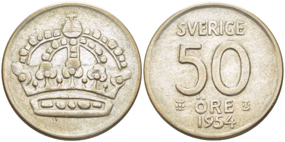 Швеция 50 эре 1954 TS, Густав VI Адольф (1950-1973) KM 825 серебро 119-1055