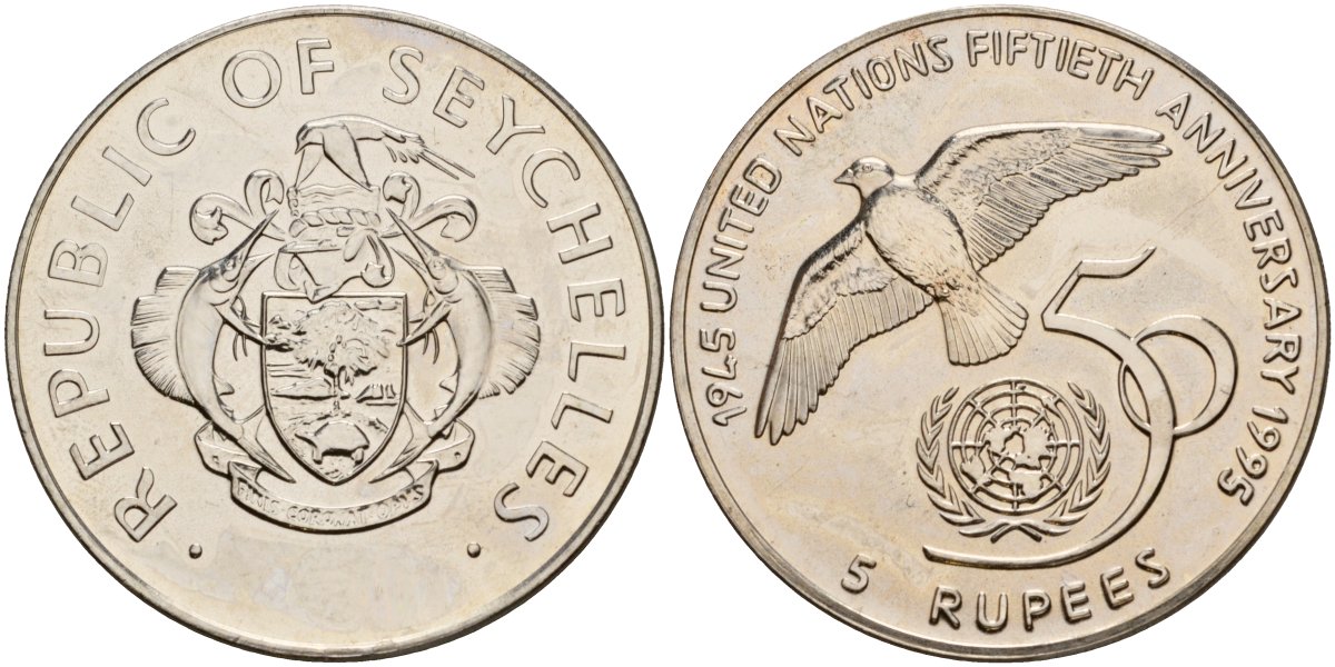 Сейшельские Острова 5 долларов 1995 50 лет ООН KM 89 медно-никель UNC 4125-722