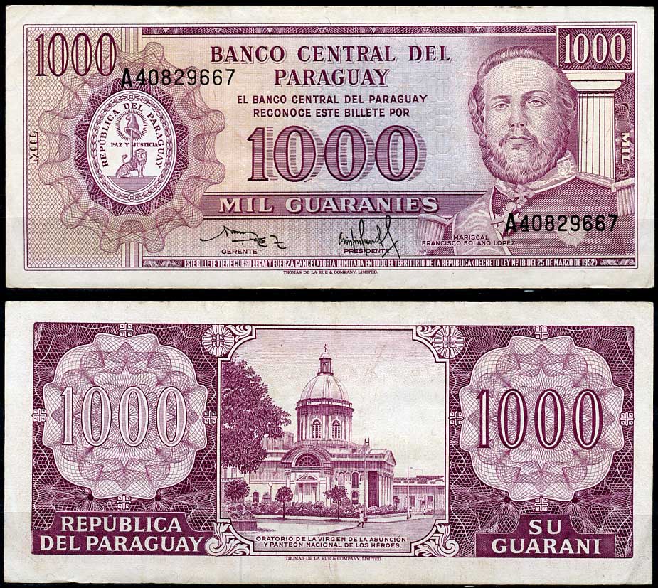 Парагвай 1000 гуарани 1952 (1982) Франсиско Солано Лопес, Национальный пантеон героев, подписи Rodriguez, Sandoval Pick 207 (3)  бумага   7217-93-2-1