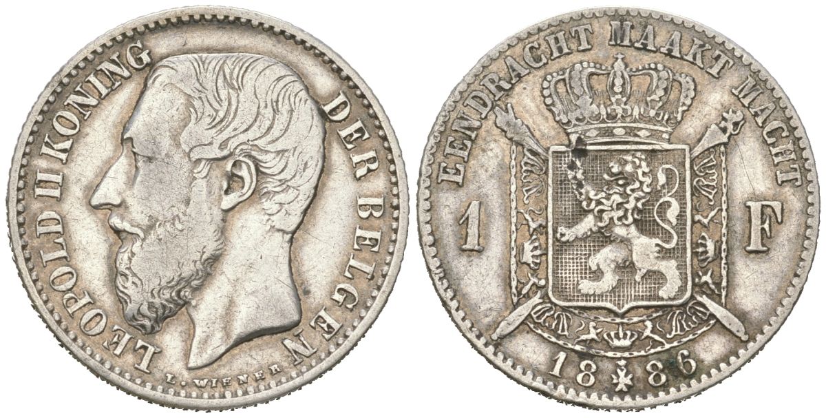 Бельгия 1 франк 1886 Альберт I (1909-1934), DES BELGEN KM 29 серебро 63-816