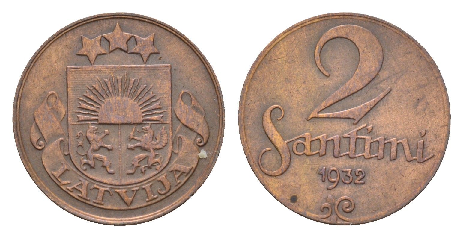 Латвия 2 сантима 1932 KM 2 бронза 4679-241