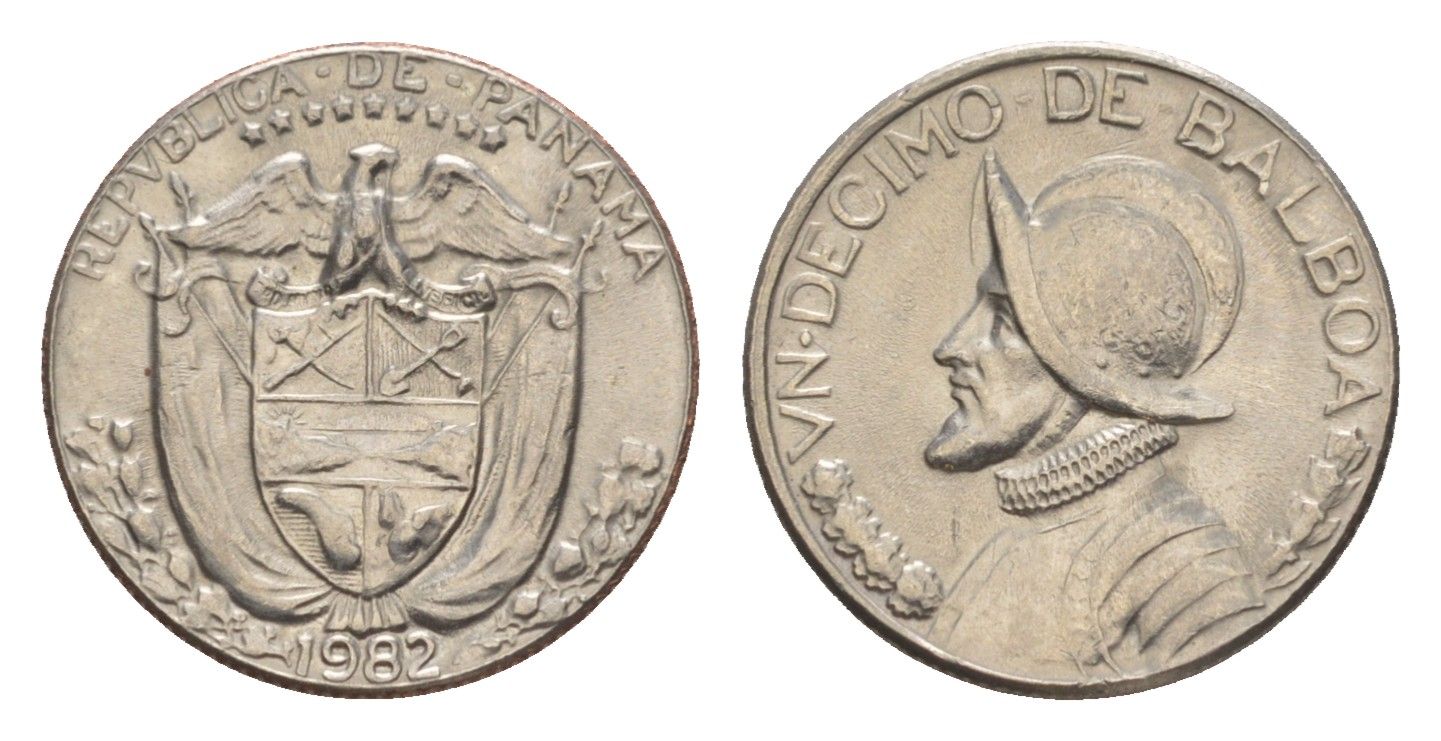 Панама 1/10 бальбоа (10 сентесимо) 1982 KM 10 медь плакированная медно-никелем aUNC 4644-161