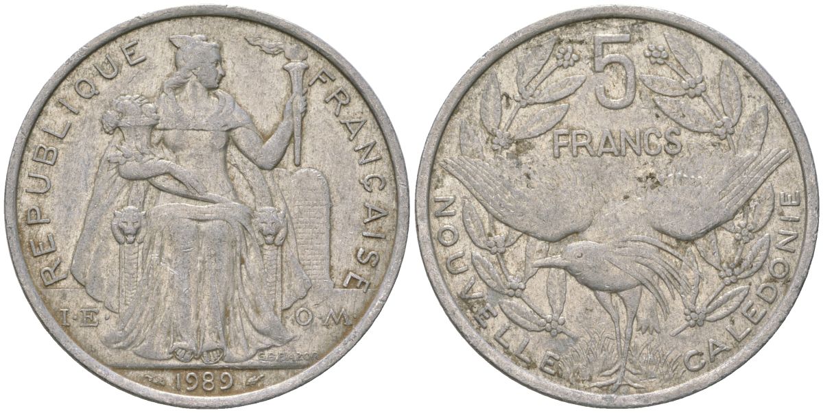 Французская Новая Каледония 5 франков 1989 птица кагу, (IEOM) KM 16, Schoen 12, Lec 77 алюминий 180-1045