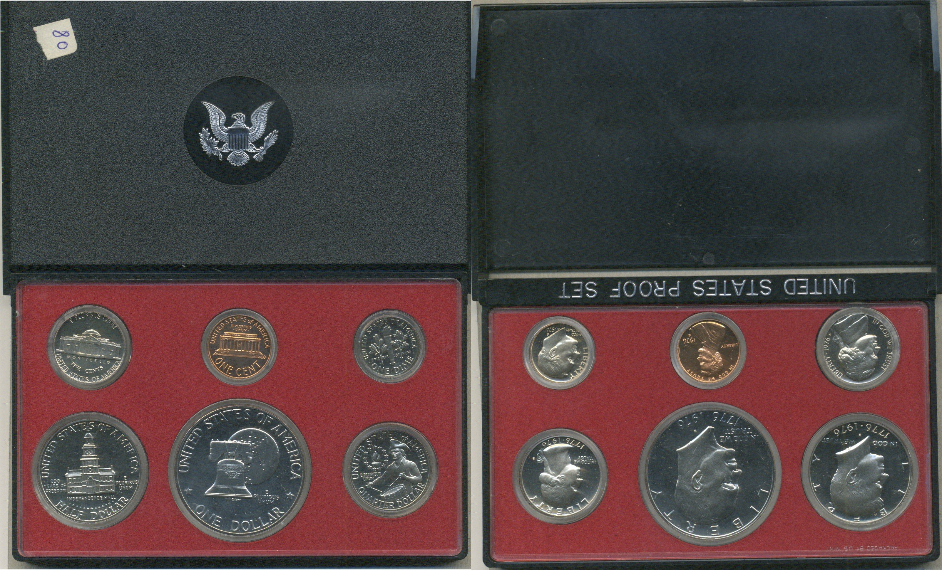 США набор из 6 монет (1, 5, 10 (дайм), 25 (квотер, 1/4 доллара) и 50 (1/2 доллара) центов; 1 доллар) 1976 в оригинальной упаковке, 200 лет независимости (1776-1976) KM PS140 (A192, 195a, 201, 204, 205 и 206) PROOF 8-2-06-82
