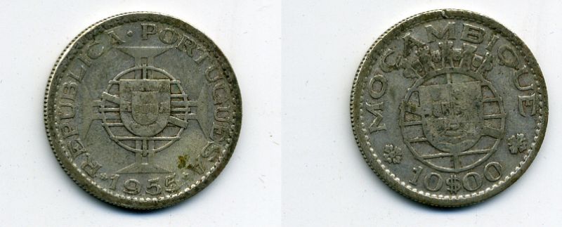 Португальский Мозамбик 10 эскудо 1955 KM 79 серебро 36-214