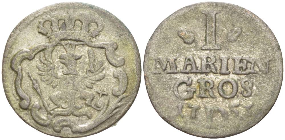 Бранденбург-Пруссия 1 мариенгрош 1753 D, Фридрих II (1740-1786), вес 1,55 гр. Old. 256b, KM 215, v.Schr.1343 серебро 1517-1142