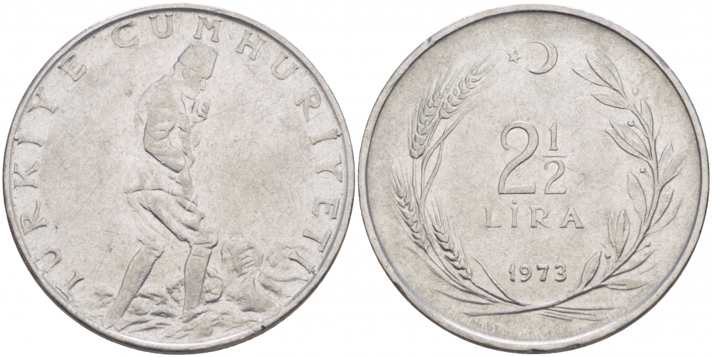 ТУРЦИЯ 2 1/2 ЛИРЫ 1973 KM 893.2 сталь 4179-115