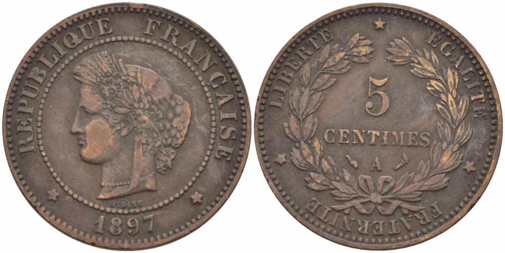 ФРАНЦИЯ 5 САНТИМОВ 1897 A, ТРЕТЬЯ РЕСПУБЛИКА (1871-1940) KM 821.1, LE FRANC 118.41 бронза 108-752