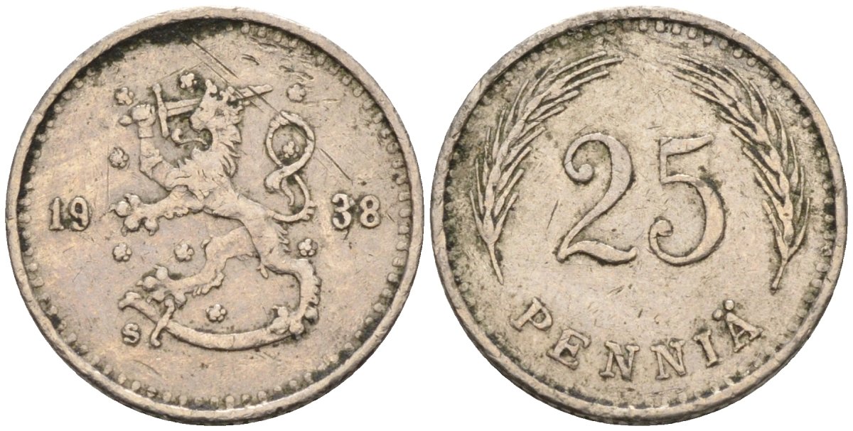Финляндия 25 пенни 1938 S KM 25 медно-никель 96-561