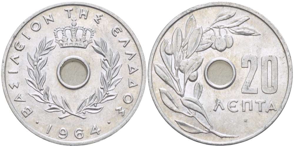 Греция 20 лепта 1964 Павел I (1947-1964), оливковая ветвь KM 79 алюминий 4182-1113