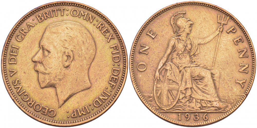 Великобритания 1 пенни 1936 Георг V (1910-1936) KM 838, Spink 4055 бронза 51-4231