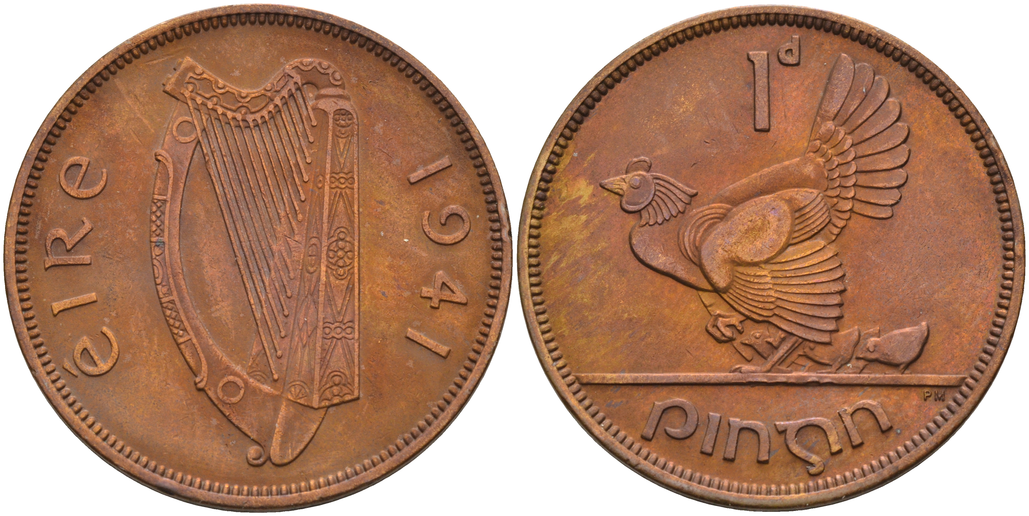 Ирландия 1 пенни 1941 курица с цыплятами KM 11 бронза 4367-1215