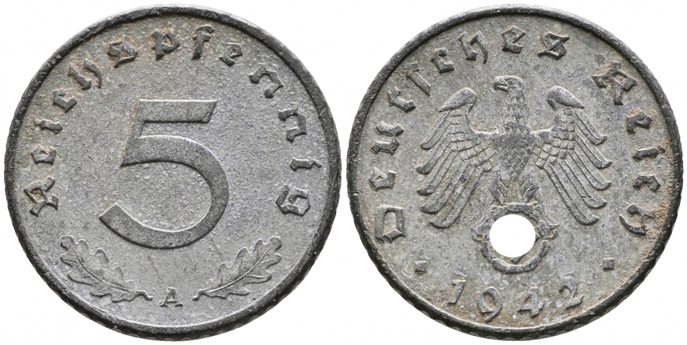 ГЕРМАНИЯ 5 РЕЙХСПФЕННИГОВ 1942 A, KM 100, J. 370 цинк 4525-1156