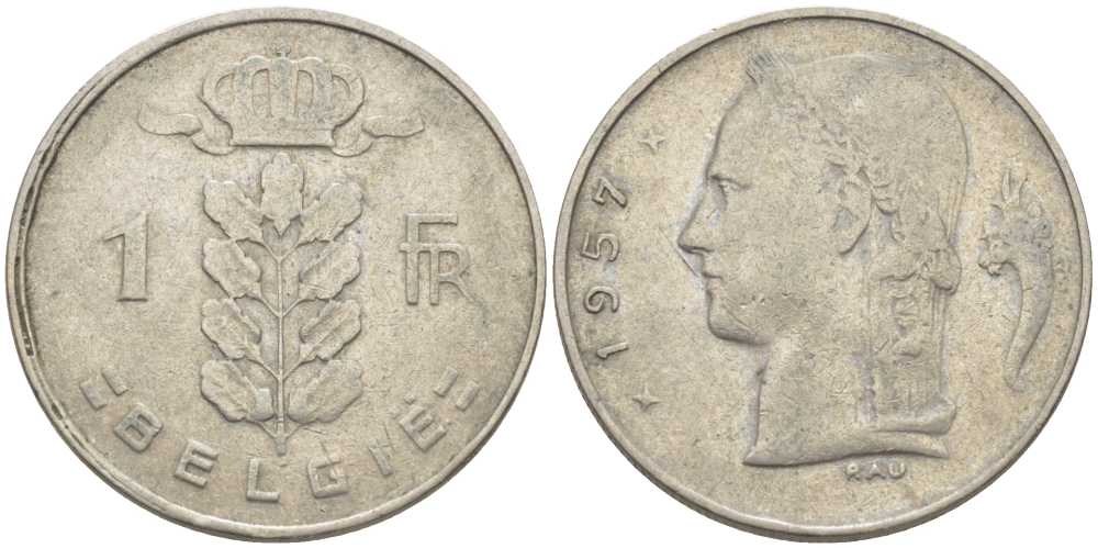 БЕЛЬГИЯ 1 ФРАНК 1957 BELGIE, БОДУЭН I (1951-1993) KM 143.1 медно-никель 119-544
