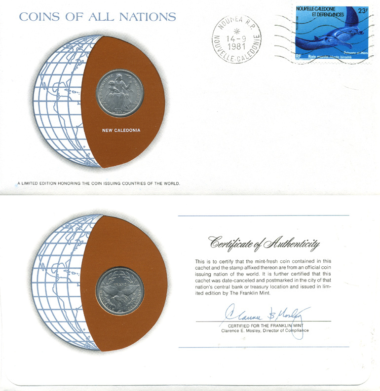 Французская Новая Каледония 1 франк 1977 конверт с маркой первого дня гашения, Coins of Nations KM 10  алюминий  UNC  4294-68-1
