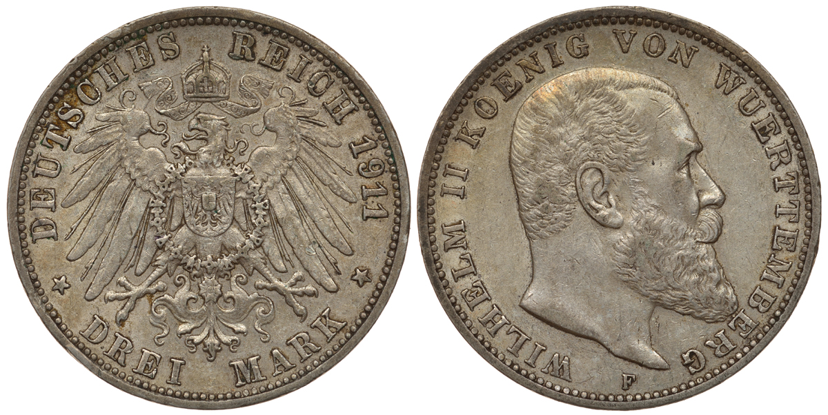 Вюртемберг 3 марки 1911 F, Вильгельм II (1891-1918) Weege 171, J. 175, KM 635 серебро 00-000-00
