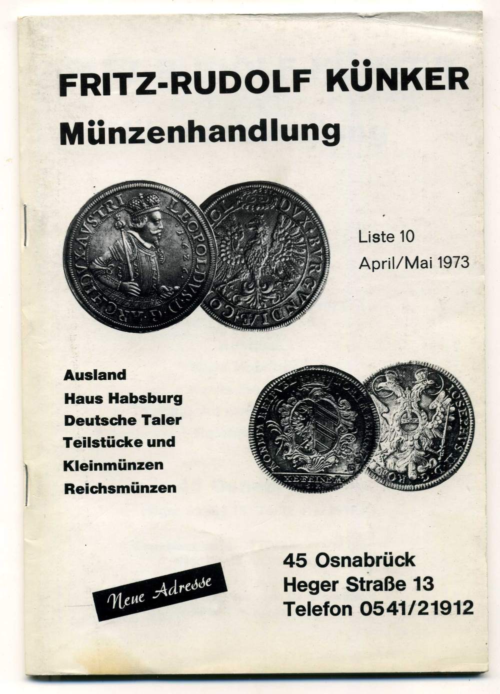 ФРИТЦ-РУДОЛЬФ КЮНКЕР КАТАЛОГ ФИКСИРОВАННЫХ ПРОДАЖ (LAGERKATALOG) 1973 АПРЕЛЬ-МАЙ, № 10 00-01-01-10