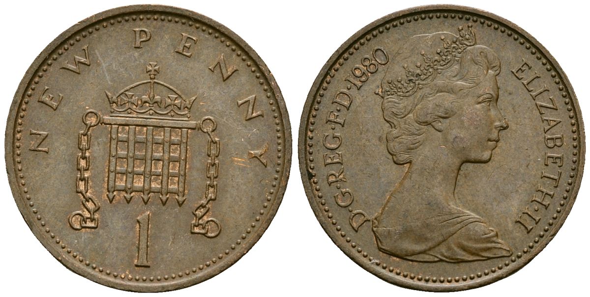 Великобритания 1 пенни 1980 Елизавета II (1952-2022) KM 915, Spink 4237 (B1) бронза 23-1017