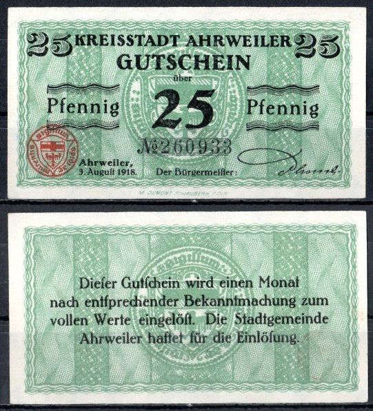 Арвайлер (Пруссия, Рейн) 25 пфеннигов 1918 Mehl Grabowski A3.2a бумага UNC (пресс) 7555-60-4-1