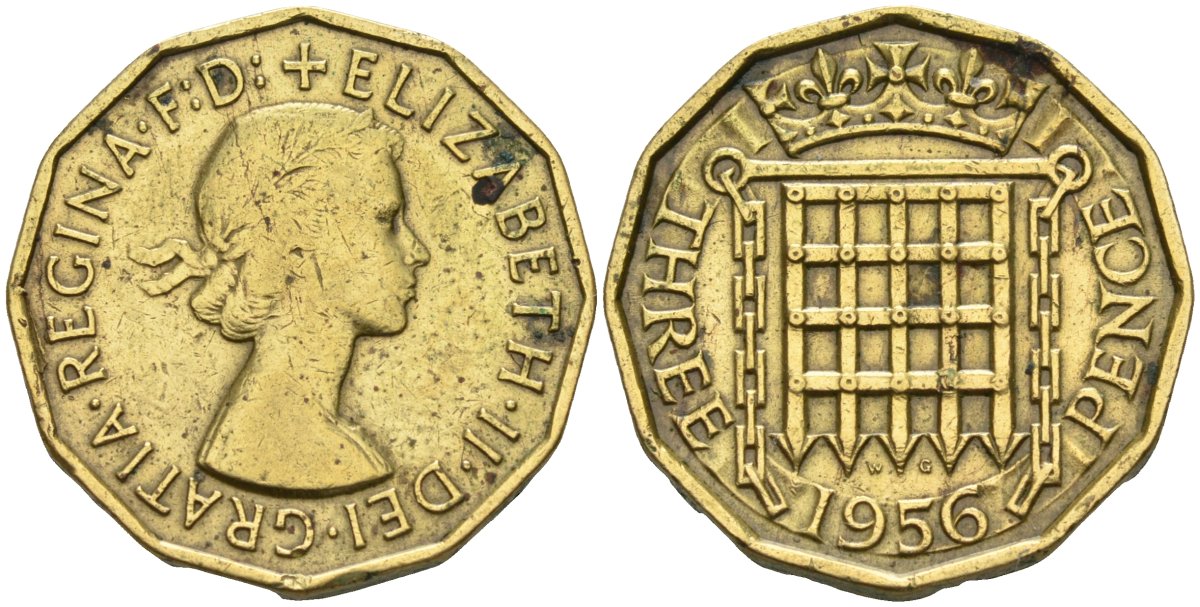Великобритания 3 пенса 1956 Елизавета II (1952-2022) KM 900, Spink 4153 никель латунь 4591-1036